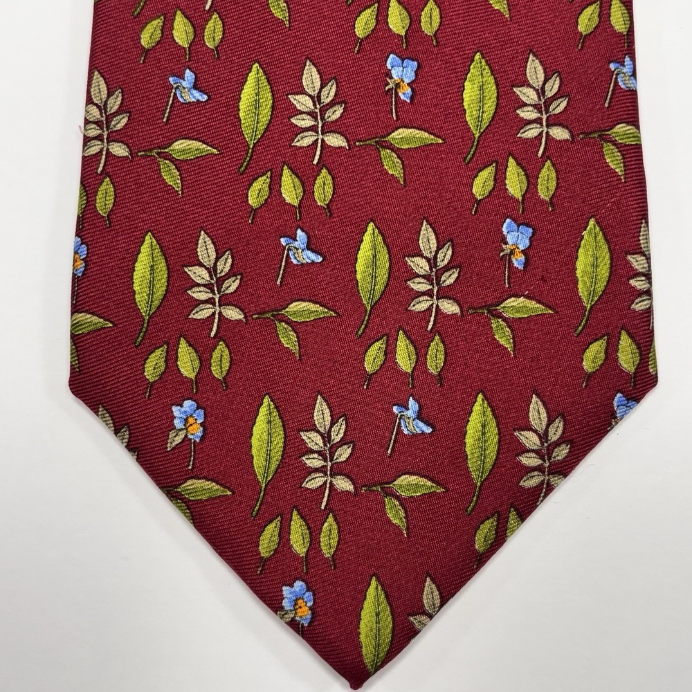 Vintage Brooks Brothers Tie Red Silk Leaves Floral Botanical Preppy USA Made 90s